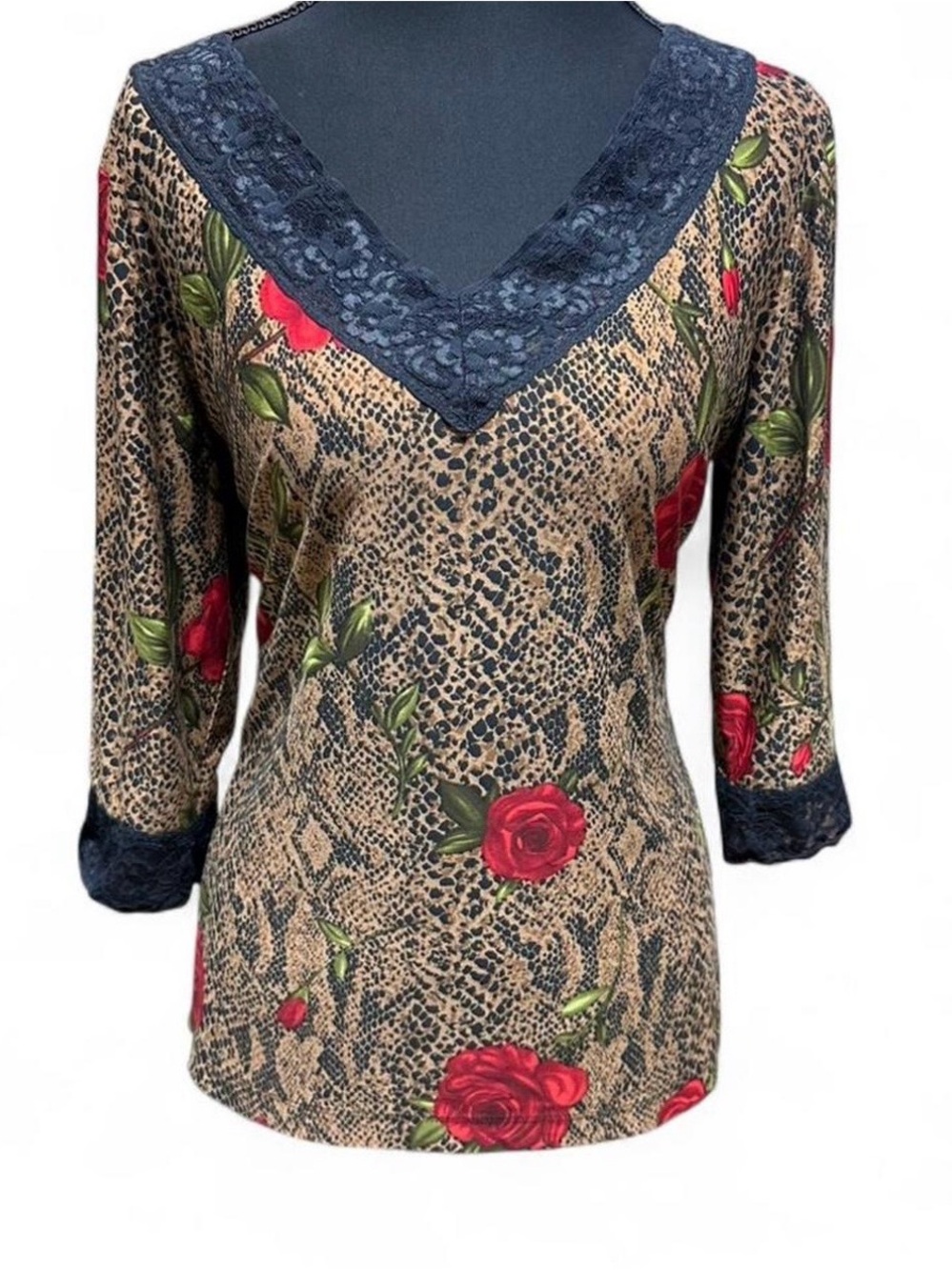 Y2K cheetah + red rose lace trim top indie sleaze coquette grunge animal print